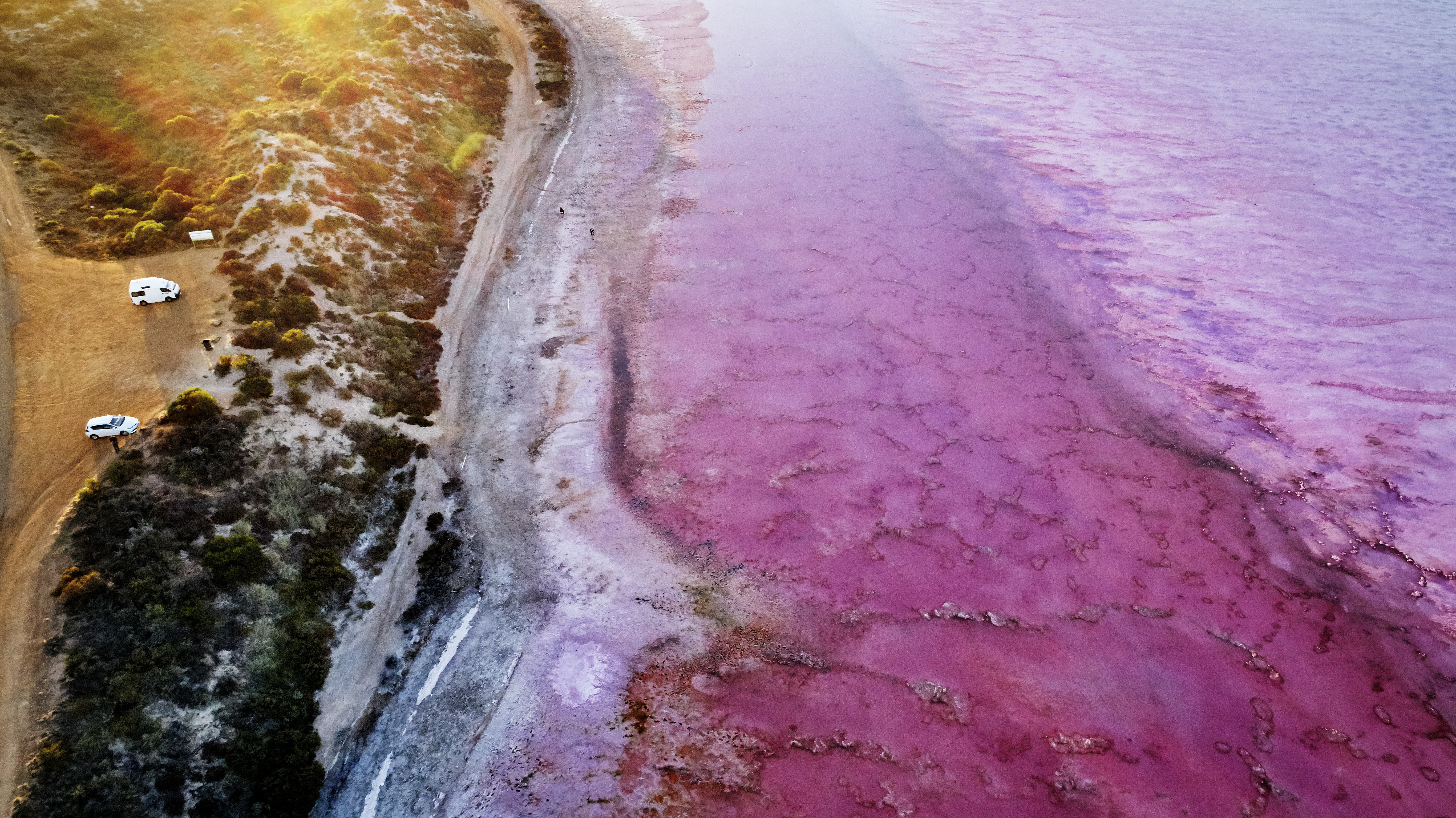 An aerial shot at sunset shows the vibrant pink waters of Hutt Lagoon stretching alongside a dusty, light-colored road. Two white cars are visible on the road, which runs parallel to the lake's shore. Golden sunlight illuminates the dry, brush-covered land next to the road.