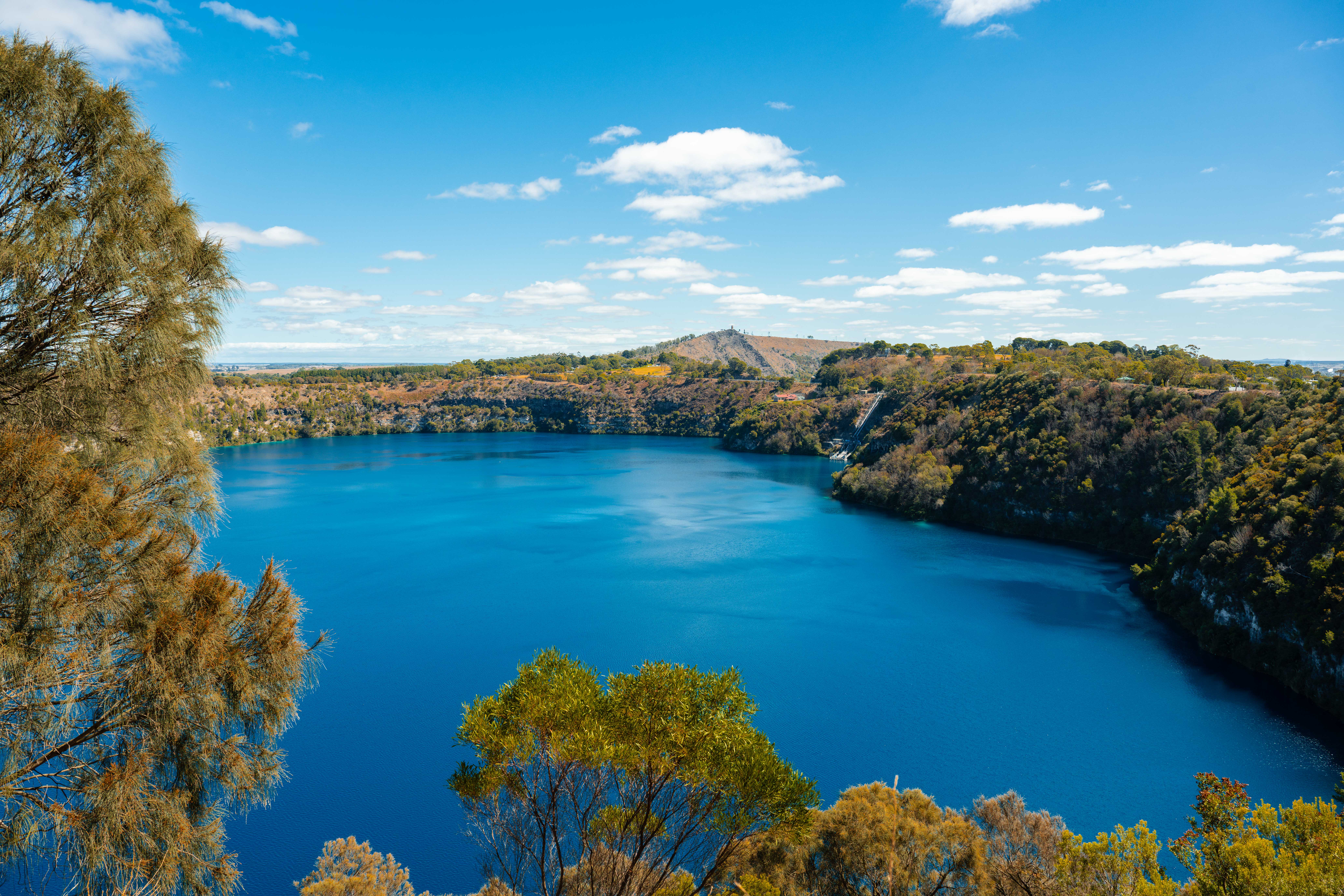 A wide-angle view of The Blue Lake (WarWar) in Mount Gambier, showing its intense turquoise waters filling a volcanic crater. Green and brown trees line the crater's edges, and distant hills are visible under a bright blue sky with scattered white clouds.